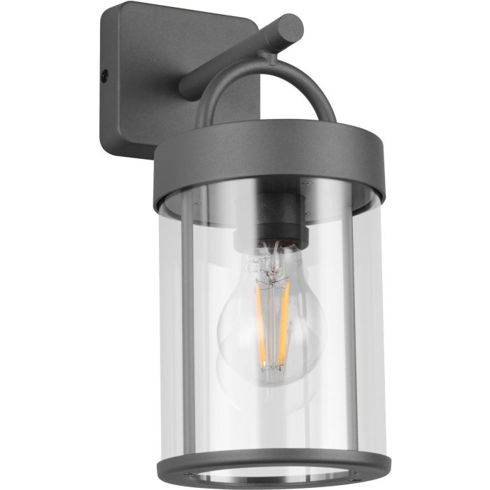 Reality Almeria antraciet grijze wandlamp voor buiten van 29cm hoog met hangende cilindervormige lantaarn van transparant kunststof