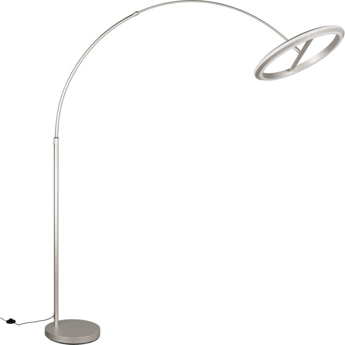 Trio Amador staal kleurige booglamp met een uitval van 65 tot 165 cm met een cirkelvormige kap met twee LED randen