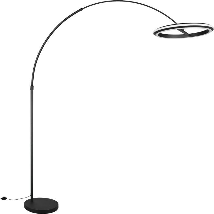 Trio Amador zwarte booglamp met een uitval van 65 tot 165 cm met een cirkelvormige kap met twee LED randen