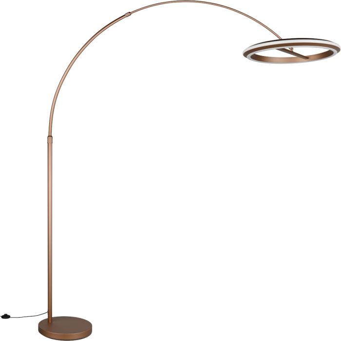 Trio Amador koffiebruine booglamp met een uitval van 65 tot 165 cm met een cirkelvormige kap met twee LED randen
