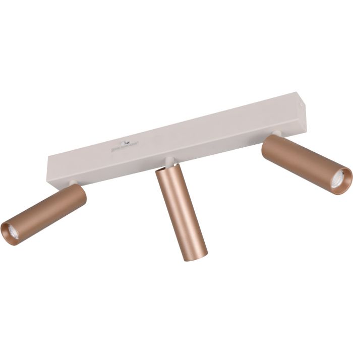 Trio Ambala 849210365 spot met drie koffiebruine cilindervormige dunne spotjes met zandkleurig bevestigingsbalkje met schakelaar om de lichtkleur in te stellen