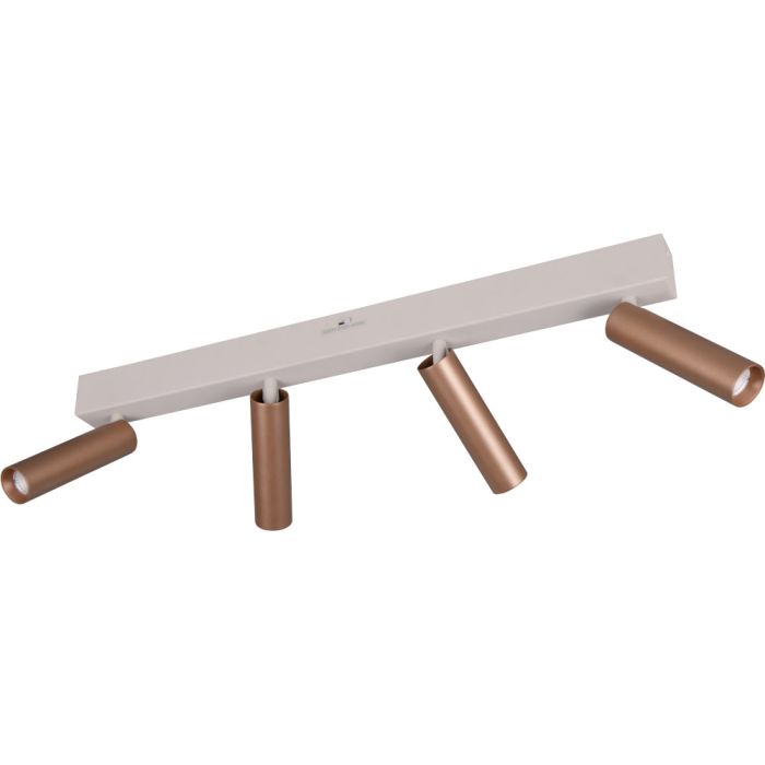 Trio Ambala 849210465 spot met vier koffiebruine cilindervormige dunne spotjes met zandkleurig bevestigingsbalkje met schakelaar om de lichtkleur in te stellen