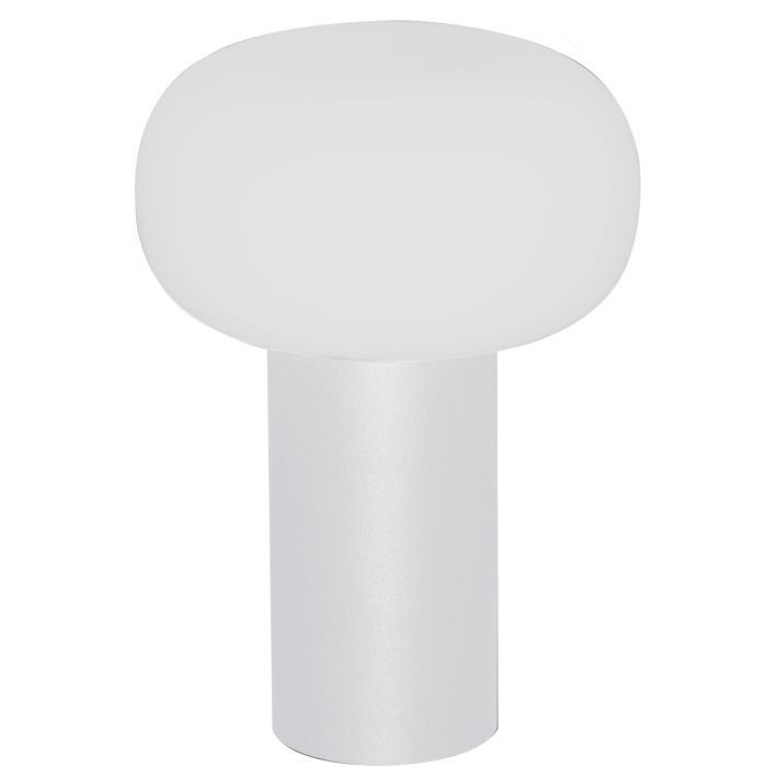 Konstsmide Antibes wit aluminium tafellamp voor buiten met wit glazen kap van 25 cm hoog.