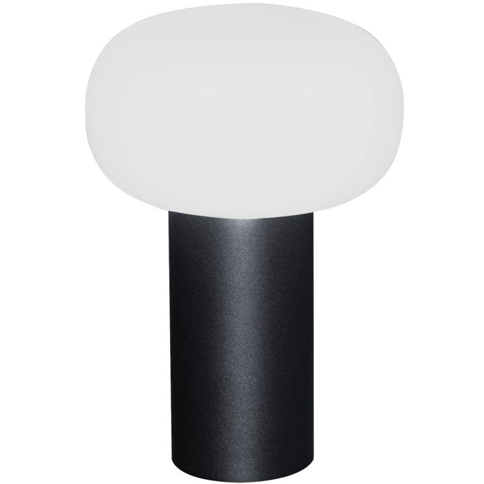 Konstsmide Antibes zwart aluminium tafellamp voor buiten met wit glazen kap van 25 cm hoog.