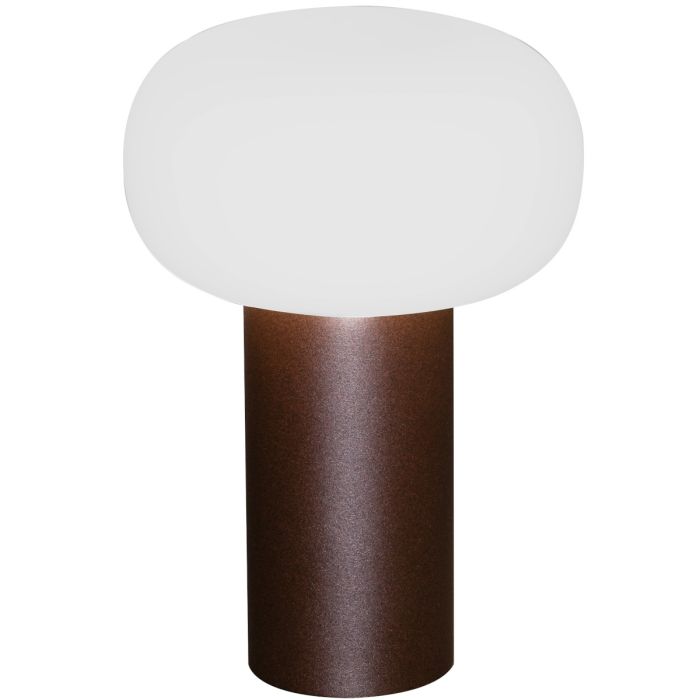 Konstsmide Antibes roestbruine aluminium tafellamp voor buiten met wit glazen kap van 25 cm hoog.
