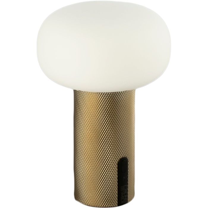 Konstsmide Antibes gerasterd messing kleurige oplaadbare tafellamp van 16 cm hoog met ovaal opaal glazen kap