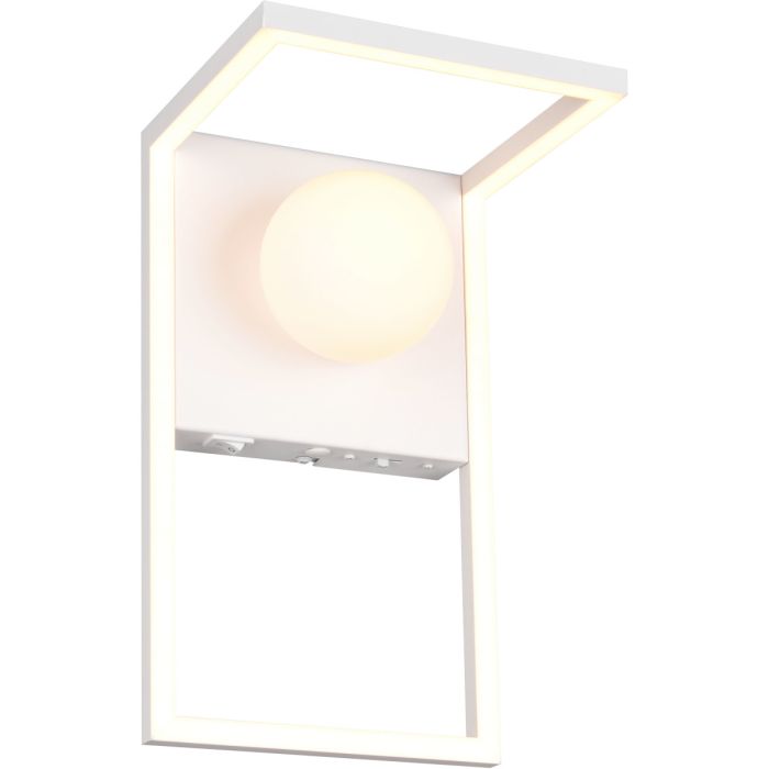 Trio Arola witte wandlamp met metalen frame met LED rand en een wit glazen bol aan een metalen wandplaat met schakelaar en DIP schakelaar