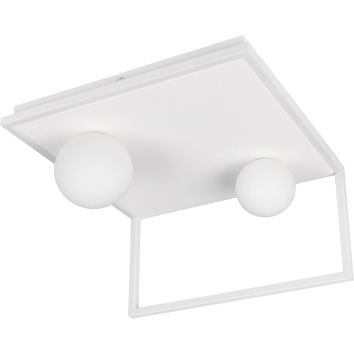 Trio Arola witte plafondlamp met metalen frame met LED rand en twee wit glazen bollon aan een metalen plafondplaat van 37,5 bij 36 cm met schakelaar en DIP schakelaar