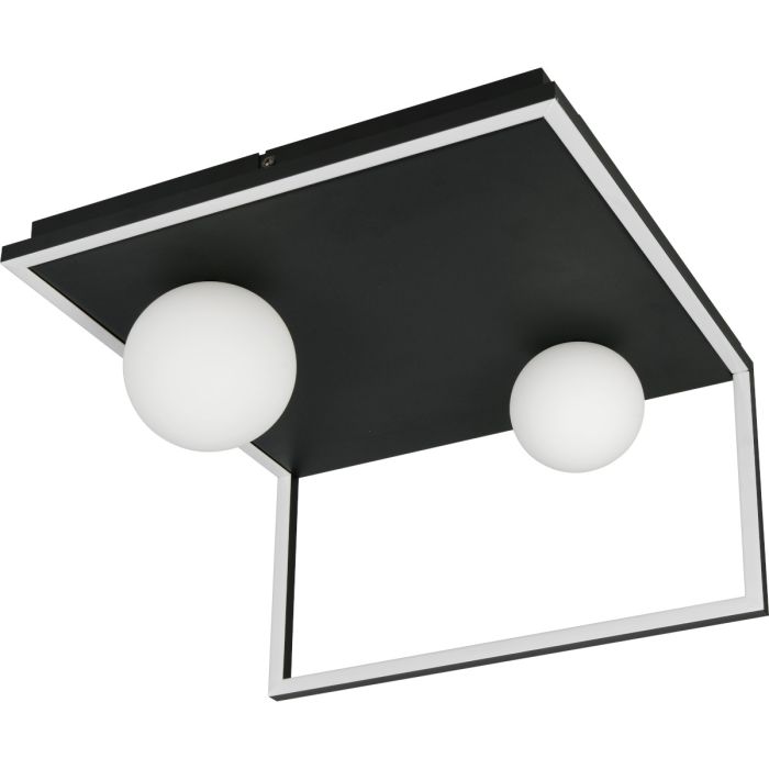 Trio Arola zwarte plafondlamp met metalen frame met LED rand en twee wit glazen bollon aan een metalen plafondplaat van 37,5 bij 36 cm met schakelaar en DIP schakelaar