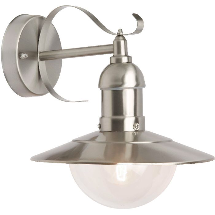 Brilliant Arto 96129/86 klassieke RVS buitenwandlamp met handende kap en transparant halfrond kunststof kap