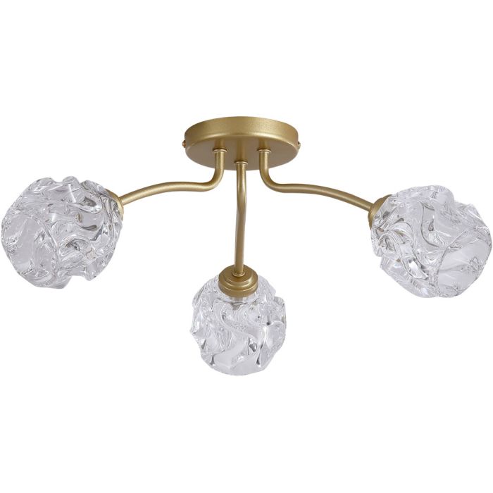 Searchlight Astral 11523-3GO goudkleurige plafondlamp met drie armen met elk een glazen kap met structuur