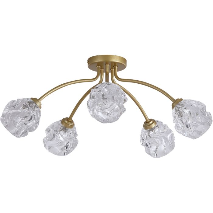 Searchlight Astral 11525-5GO goudkleurige plafondlamp met vijf armen met elk een glazen kap met structuur