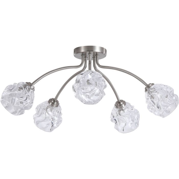 Searchlight Astral 11525-5SN staalkleurige plafondlamp met vijf armen met elk een glazen kap met structuur