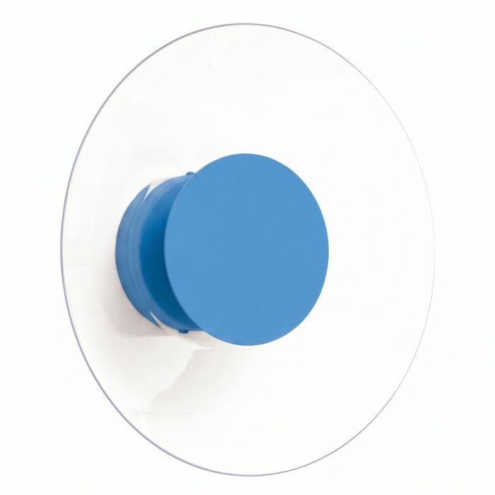 lichtblauw ronde wandlamp van 28 cm in diameter met brede plexiglas rand en geïntegreerde LED voor licht langs de muur 