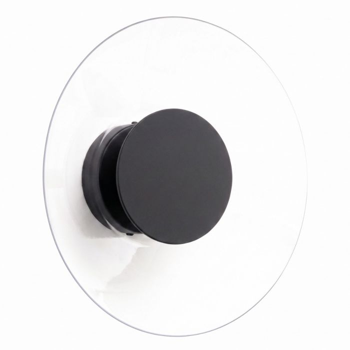 zwart ronde wandlamp van 28 cm in diameter met brede plexiglas rand en geïntegreerde LED voor licht langs de muur 