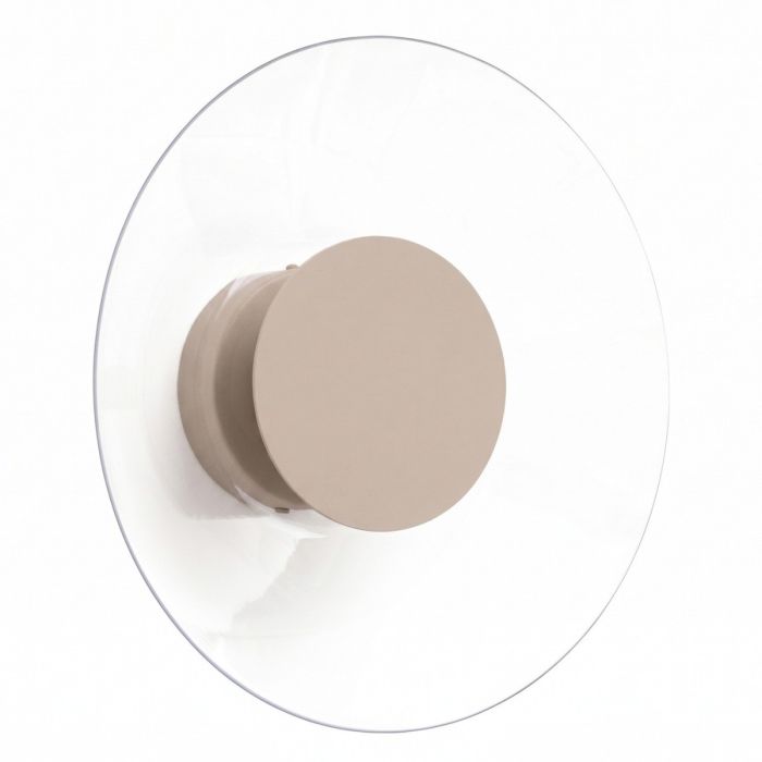 taupe kleurige ronde wandlamp van 28 cm in diameter met brede plexiglas rand en geïntegreerde LED voor licht langs de muur 