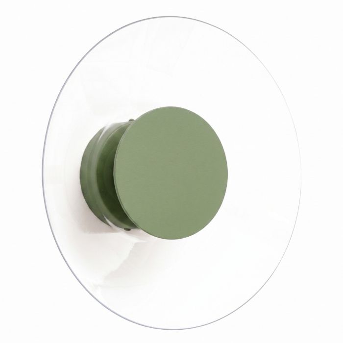 olijfgroen ronde wandlamp van 28 cm in diameter met brede plexiglas rand en geïntegreerde LED voor licht langs de muur 