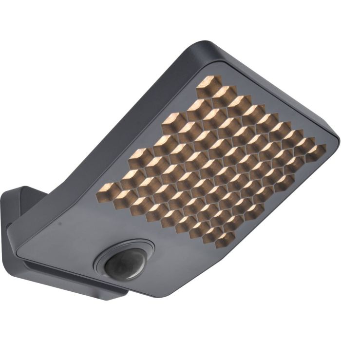 Lutec Atlantis antraciet grijze schijnwerper van 22,4 cm diep en 20,1 cm breed met honingraat structuur voor de LED unit met bewegingsmelder