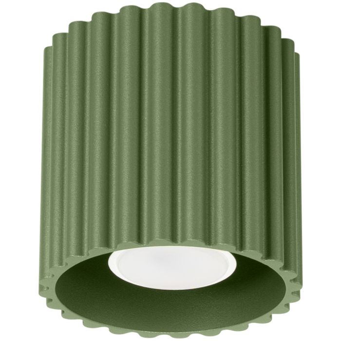 Sollux Aura olijf groen geribbeld cilindervormige plafondlamp van 10 cm in diameter met een GU10 lampje erin