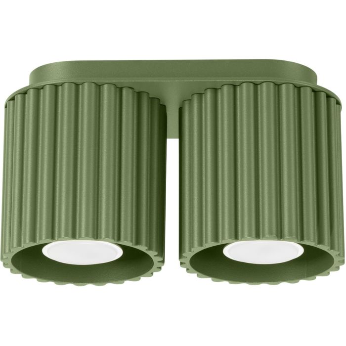 Sollux Aura olijf groene plafondlamp van 21 cm breed met twee geribbeld cilindervormige kappen naast elkaar met elk een GU10 lamp