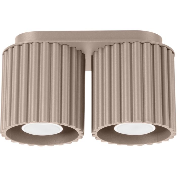 Sollux Aura taupe kleurige plafondlamp van 21 cm breed met twee geribbeld cilindervormige kappen naast elkaar met elk een GU10 lamp