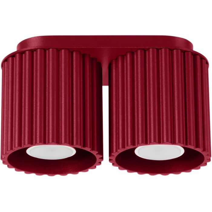 Sollux Aura burgundy plafondlamp van 21 cm breed met twee geribbeld cilindervormige kappen naast elkaar met elk een GU10 lamp