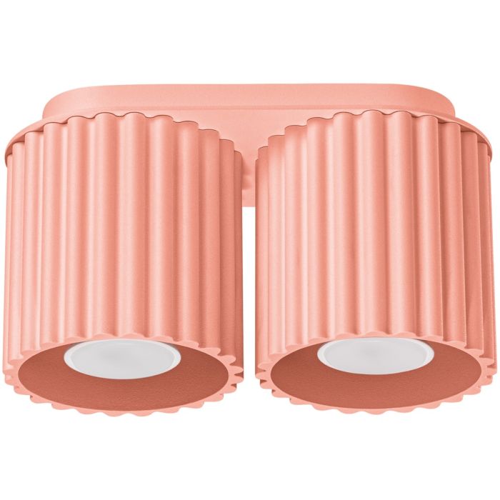 Sollux Aura perzik kleurige plafondlamp van 21 cm breed met twee geribbeld cilindervormige kappen naast elkaar met elk een GU10 lamp