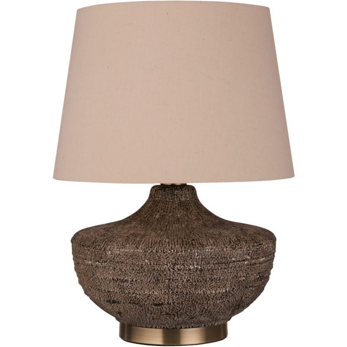 Searchlight Avaya EU44210AB tafellamp met gespikkelde aardewerken voet en ronde kap van linnen