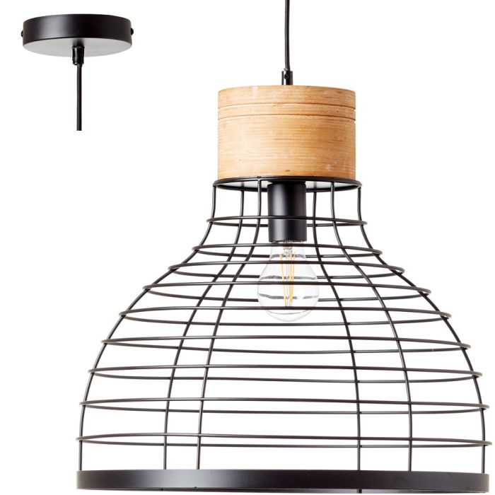 Brilliant Avia 99560/76 industriele hanglamp met zwarte pendel en kap van zwart metaaldraad en houten klos boven de kap