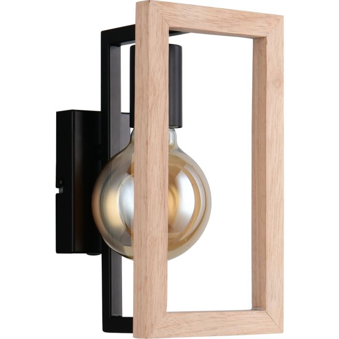 Casalum Bano zwarte wandlamp met hangende globelamp en fsc houten rechthoekig frame ervoor