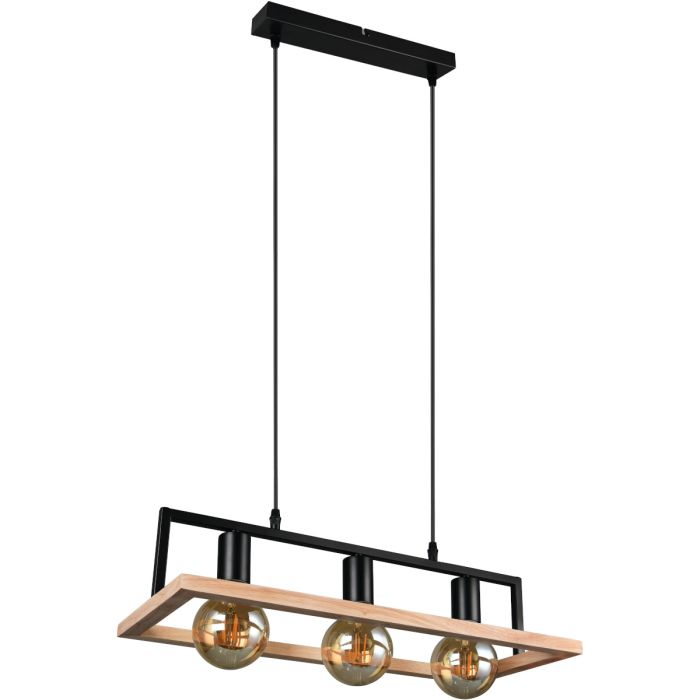 Casalum Bano zwarte hanglamp van 57,5 cm lang met drie hangende globelampen en fsc houten rechthoekig frame eromheen