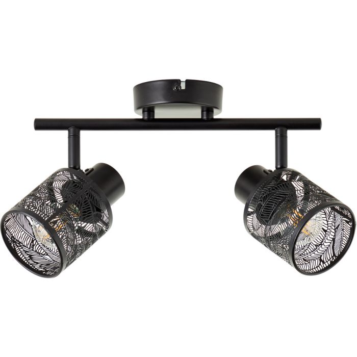 Brilliant Bano 99869/76 plafondspot met zwarte stang en twee spotjes met zwarte kapjes van metaal met open motief
