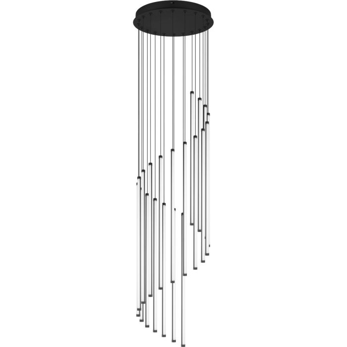 Trio Baxter hanglamp voor de vide met zwarte plafondplaat met een diameter van 37 cm met 20 pendels met LED staven van 62 cm lang en een diameter van 16 mm