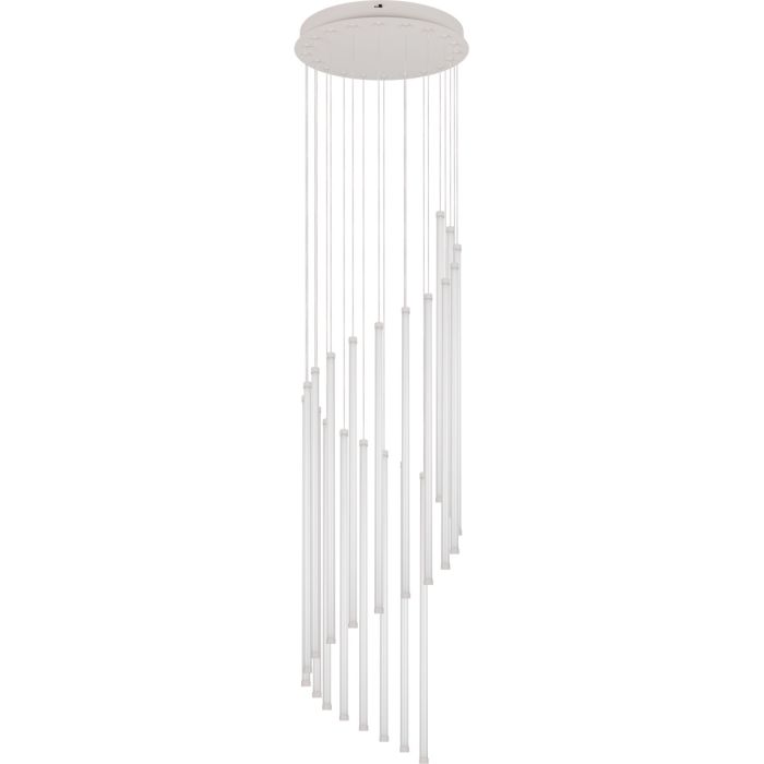Trio Baxter hanglamp voor de vide met warm grijze plafondplaat met een diameter van 37 cm met 20 pendels met LED staven van 62 cm lang en een diameter van 16 mm