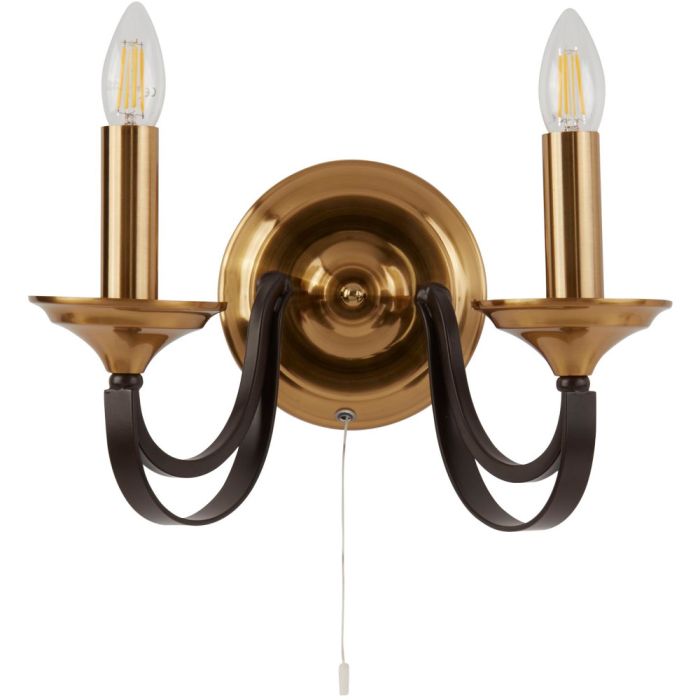 Searchlight Belfry 1842-2BZ klassieke wandlamp met messing wandplaat met trekschakelaar en twee bruine armen met messing kaarslampen