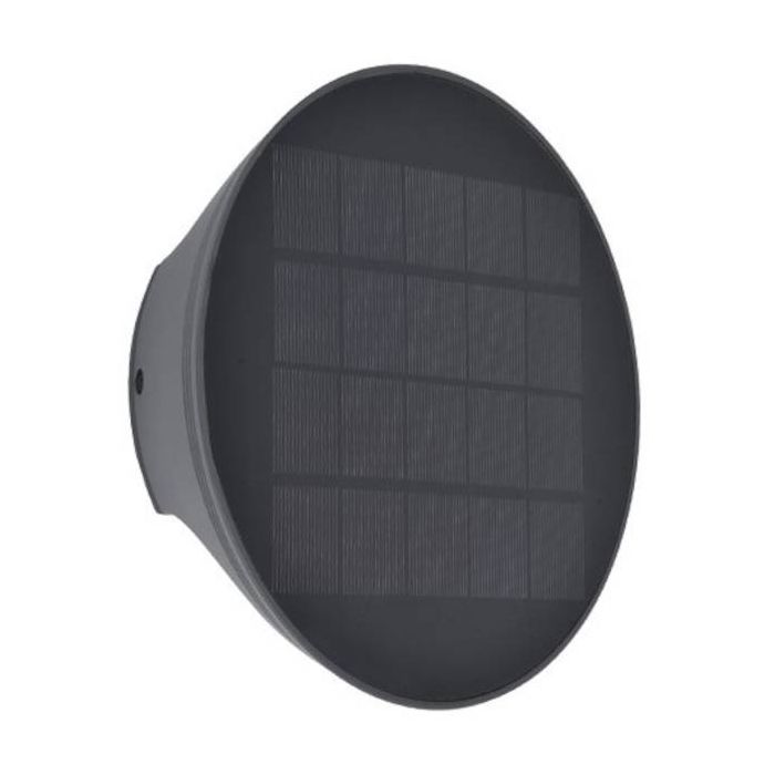 Lutec Belka antraciet grijze platte wandlamp van 19 cm in diameter en slechts 6,3 cm diep met zonnepaneel op de voorzijde