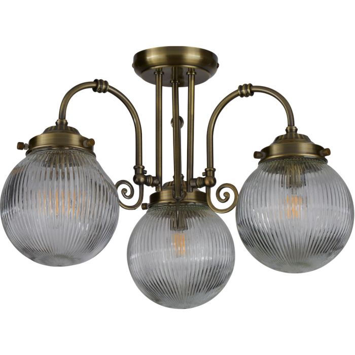 Searchlight Belvue 3259AB klassiek bronzen badkamer plafondlamp in kroonvorm met drie bolvormig geribbeld glazen kappen
