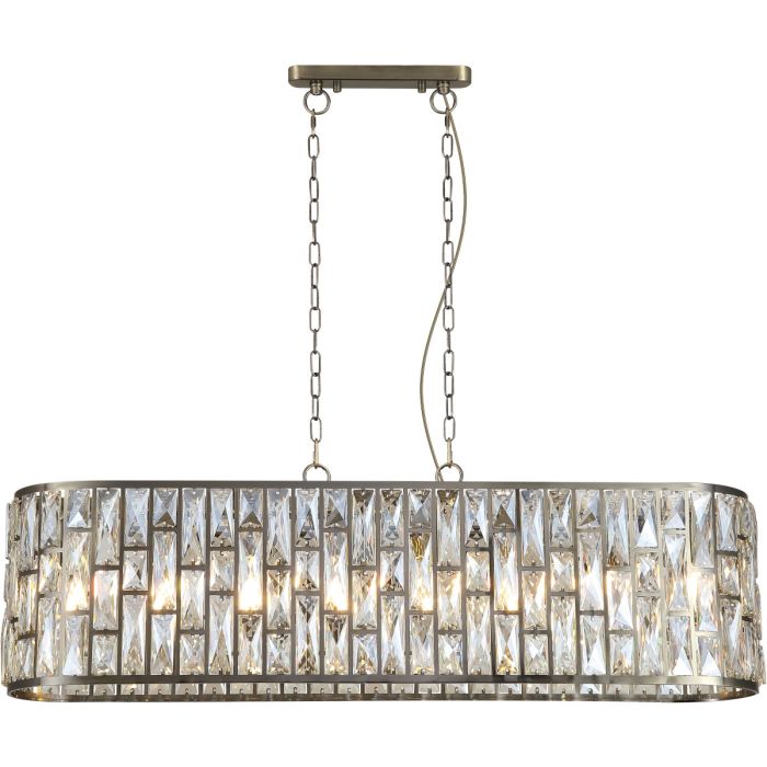 Searchlight Bijou 65818-8AB hanglamp met antiek bronzen plafondbalkje en langwerpige kap van 100cm met antiek bronzen raamwerk met rechthoekige champagnekleurige kristallen