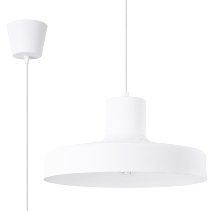 Closeup van Sollux Bilo wit metalen hanglamp met een ronde kap van 35 cm en 18 cm hoogte
