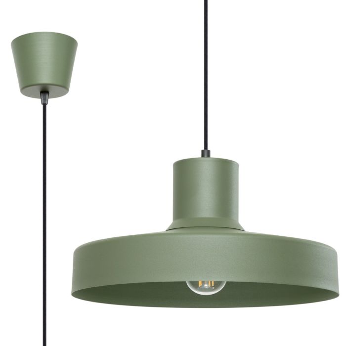 Closeup van Sollux Bilo groene metalen hanglamp met een ronde kap van 35 cm en 18 cm hoogte