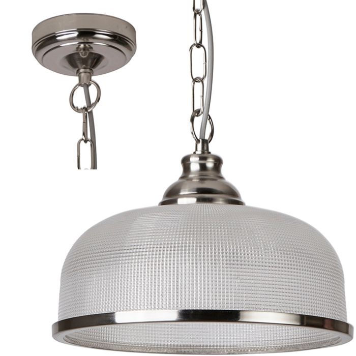 Searchlight Bistro 1682SS staalkleurige hanglamp aan een ketting met holofaan glazen kap met staalkleurige rand aan de onderzijde
