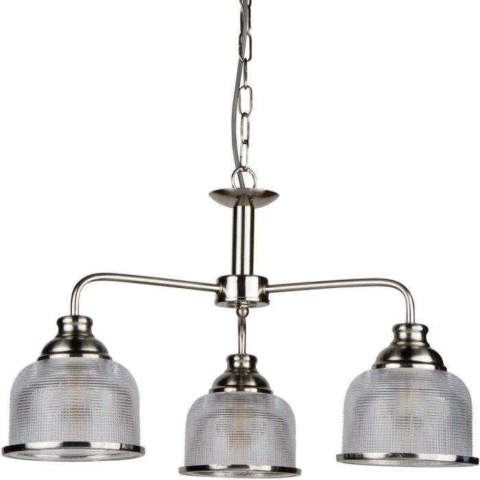 Searchlight Bistro 1683-3SS staalkleurige kroonluchter aan een ketting met drie armen met elk een hangend kapje van holofaan glas