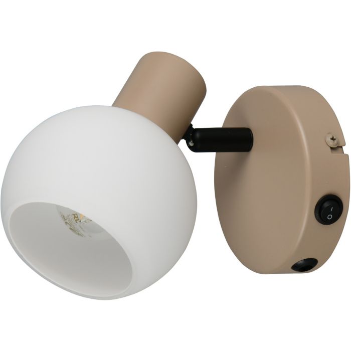 Reality Boba warm beige wandspot van 13,5 cm hoog met rond wit glazen kapje, kiepschakelaar en kabeldoorvoer