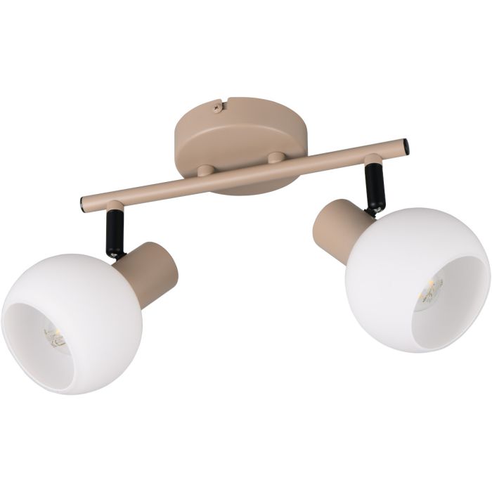 Reality Boba warm beige plafondspot van 25 cm lang met twee spotjes met rond wit glazen kapje