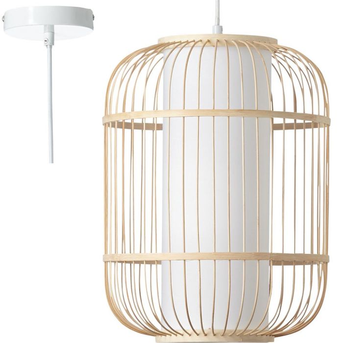 Brilliant Bones 99245/09 hanglamp met witte pendel en ovale kap van bamboe spijlen en cilindervormige kap van textiel daarin