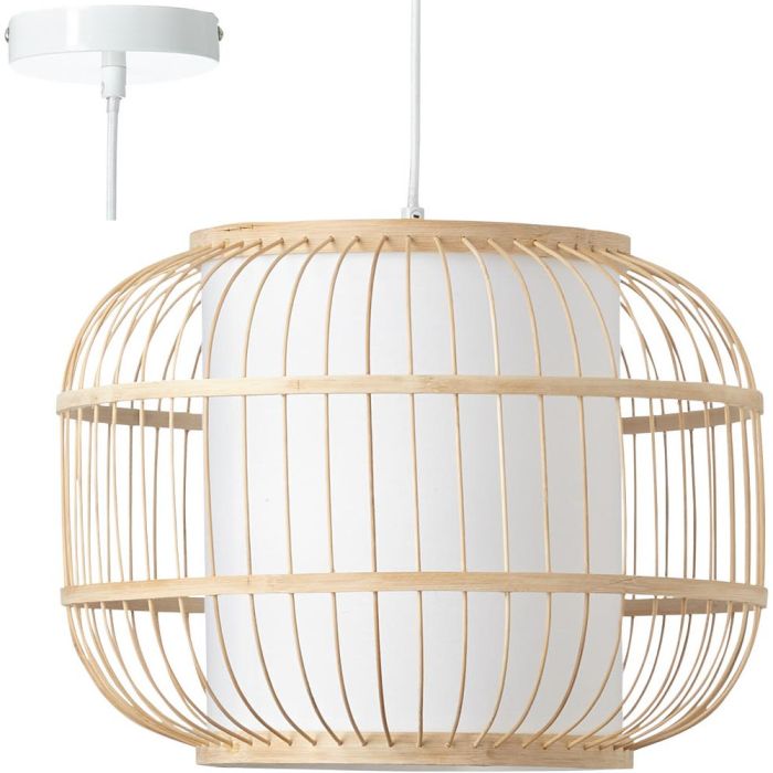 Brilliant Bones 99266/09 hanglamp met witte pendel en bolvormige kap van bamboe spijlen en cilindervormige kap van textiel daarin