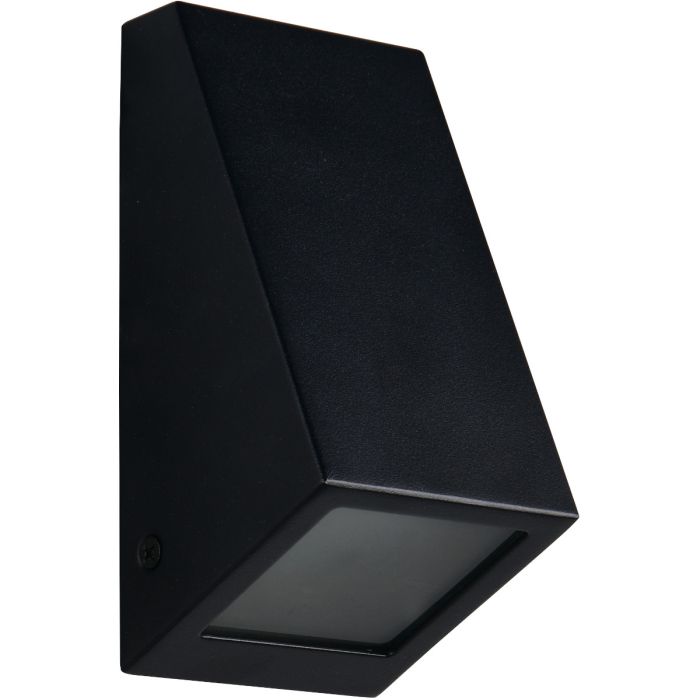 Reality Braga zwart schuin wandlampje van 14,5 cm hoog met naar beneden gericht GU10 spotje achter een mat glaasje