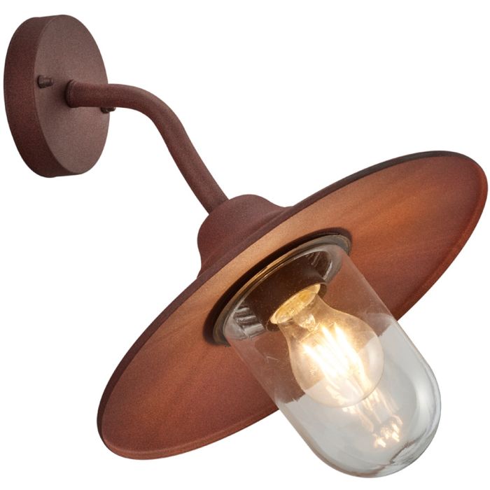 Trio Brenta 201760124 roestbruine wandlamp voor buiten met een transparant glas over de lichtbron