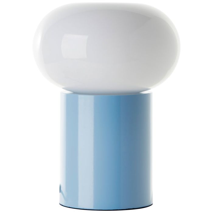 Brilliant Knut 99003/03 tafellamp met licht blauwe cilindervormige lampvoet en wit glazen ovale kap