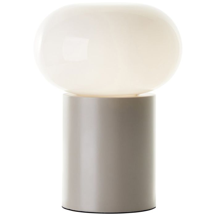 Brilliant Knut tafellamp van 27cm hoog met beige cilindervormige lampvoet en wit glazen ovale kap